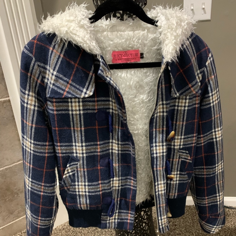Blue white orange plaid Juicy Couture women’s coat